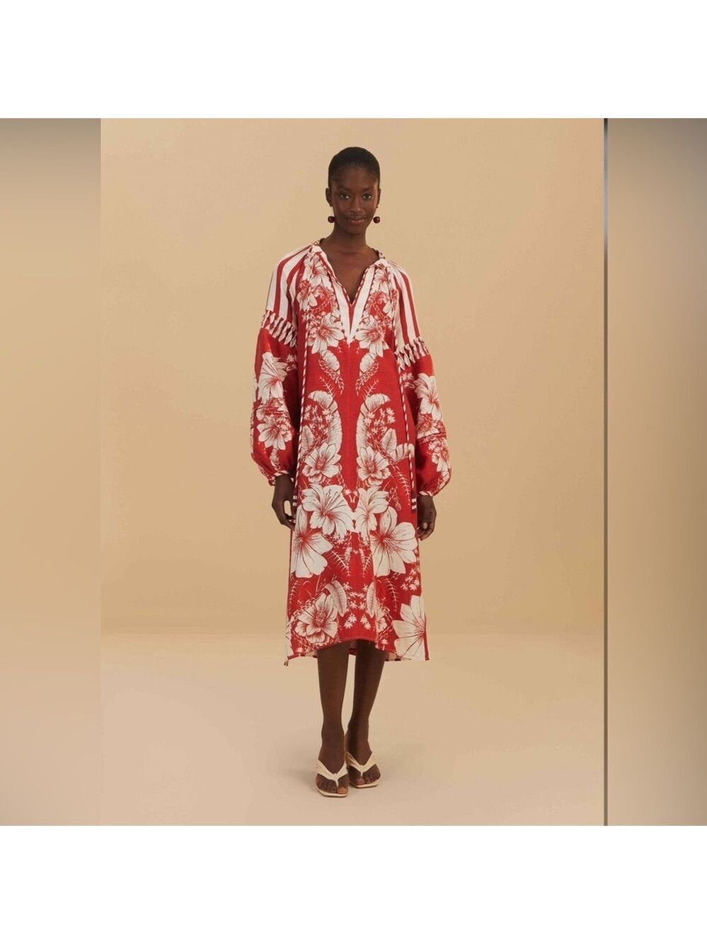 Farm Rio Red Floral Chains Stripes Midi Dress